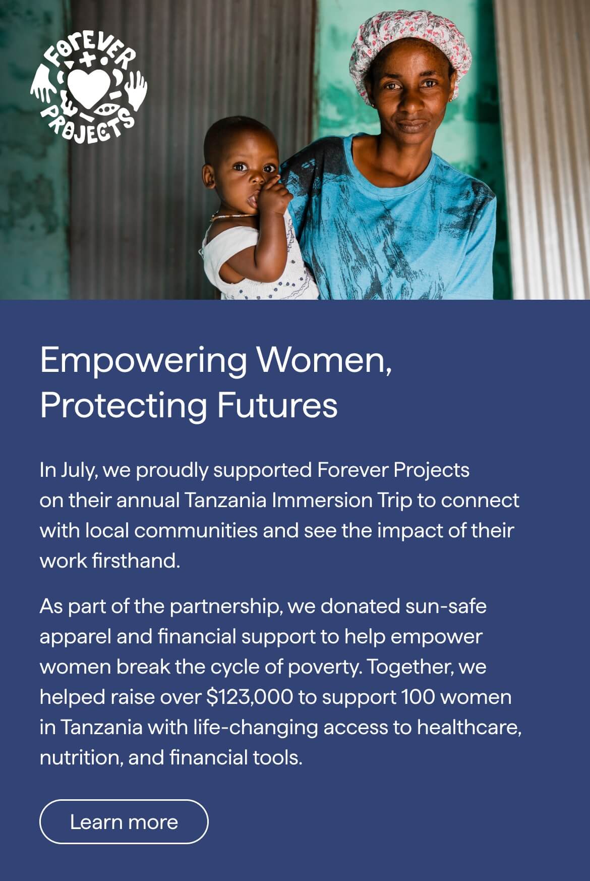 Promotional graphic for Forever Projects with a woman and child, featuring text about their Tanzania Immersion Trip and support for women.