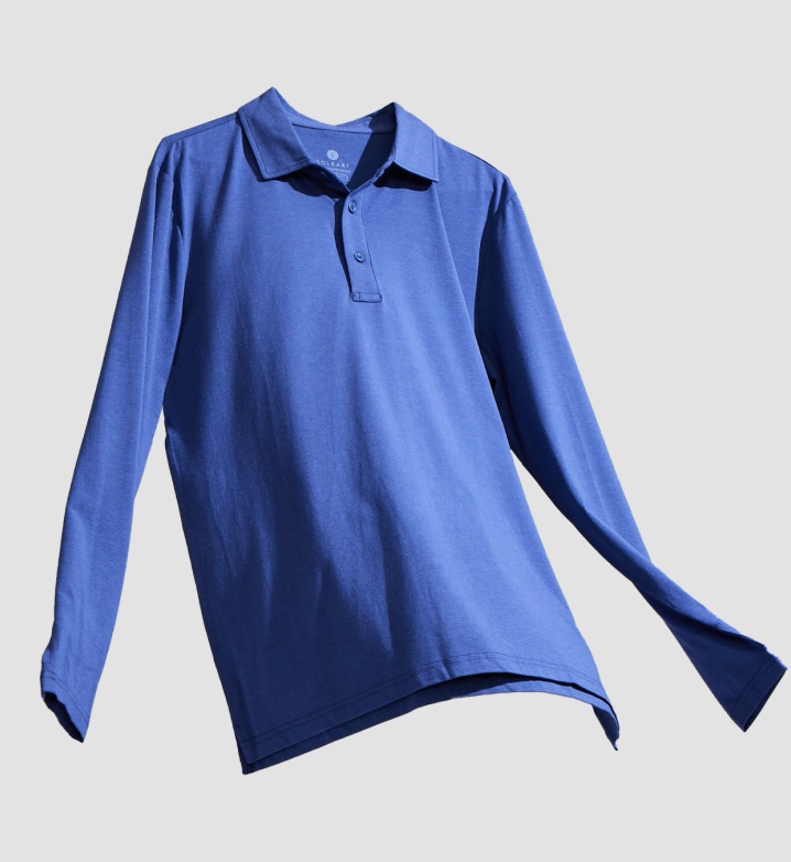 Blue long-sleeve polo shirt on a light gray background