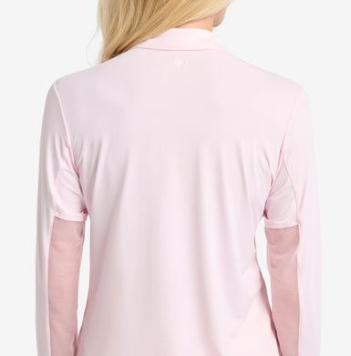 Pink shirt with sheer sleeves on a white background